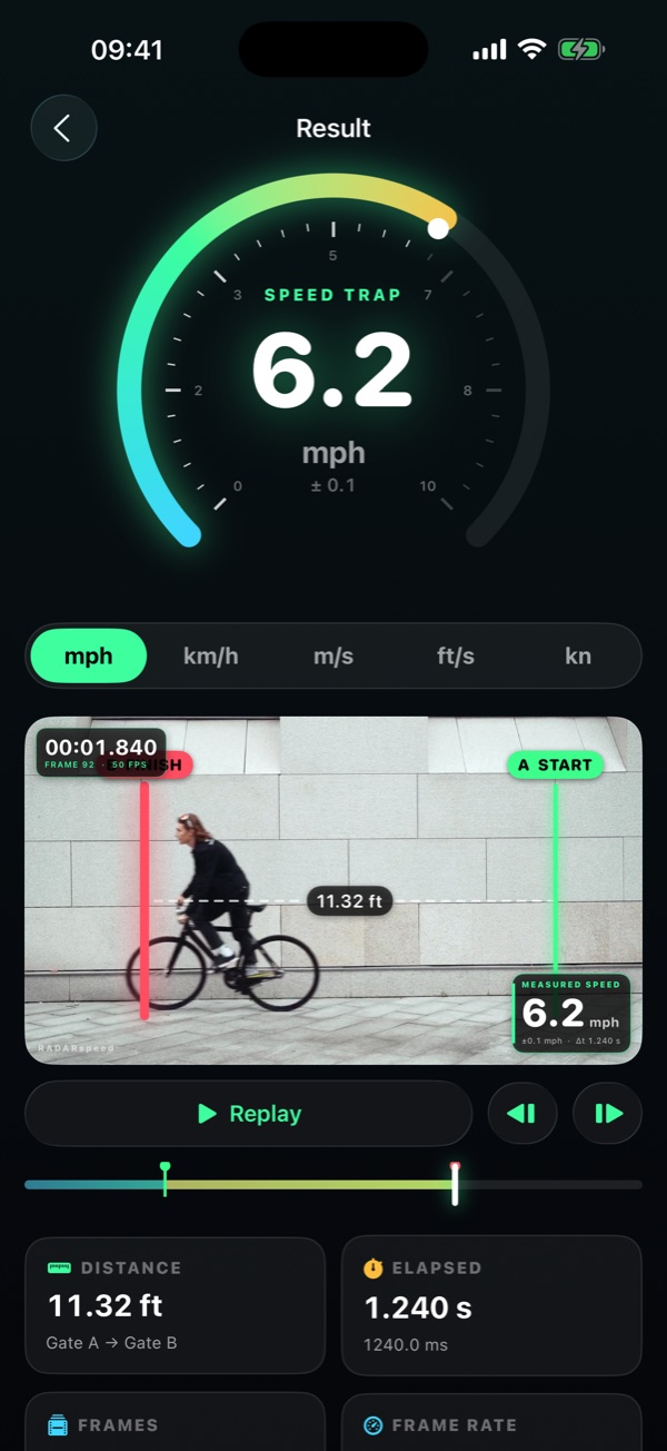 Measured speed on a gauge with the overlay video